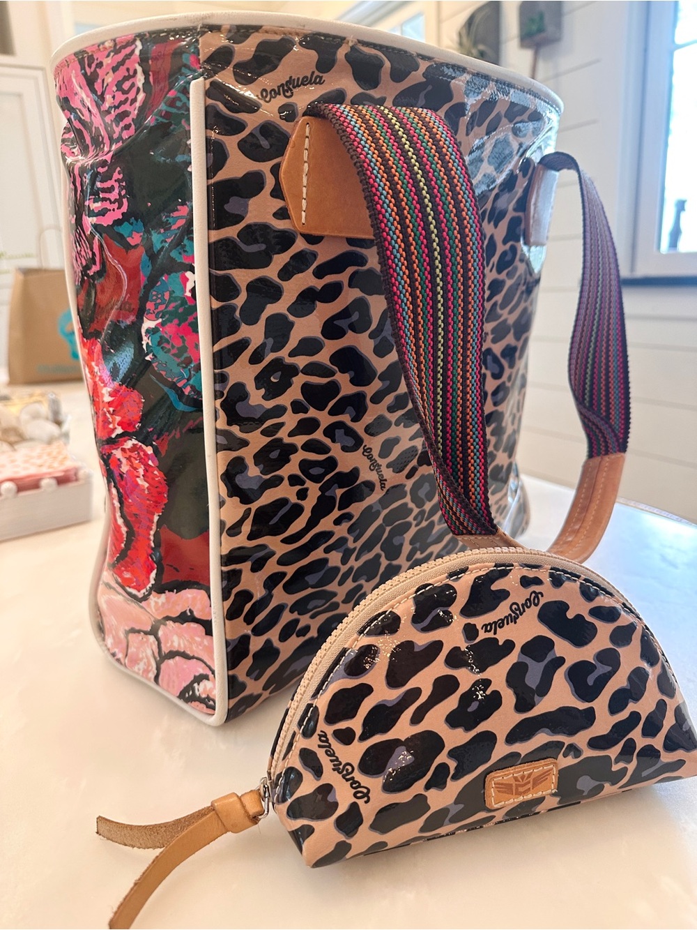 Consuela Mona Classic Leopard Patent Tote with Striped Strap and zip Pouch